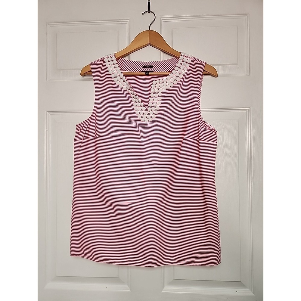 Talbots Womens 14 Red & White Striped Sleeveless Blouse w/ bead neckline